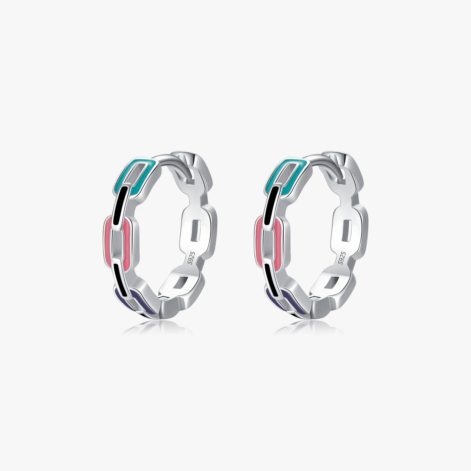 925 Sterling Silver Fine Jewelry Charm Original Link Chain Ear Buckles Rainbow Color Enamel Lock Hoop Earrings for Women