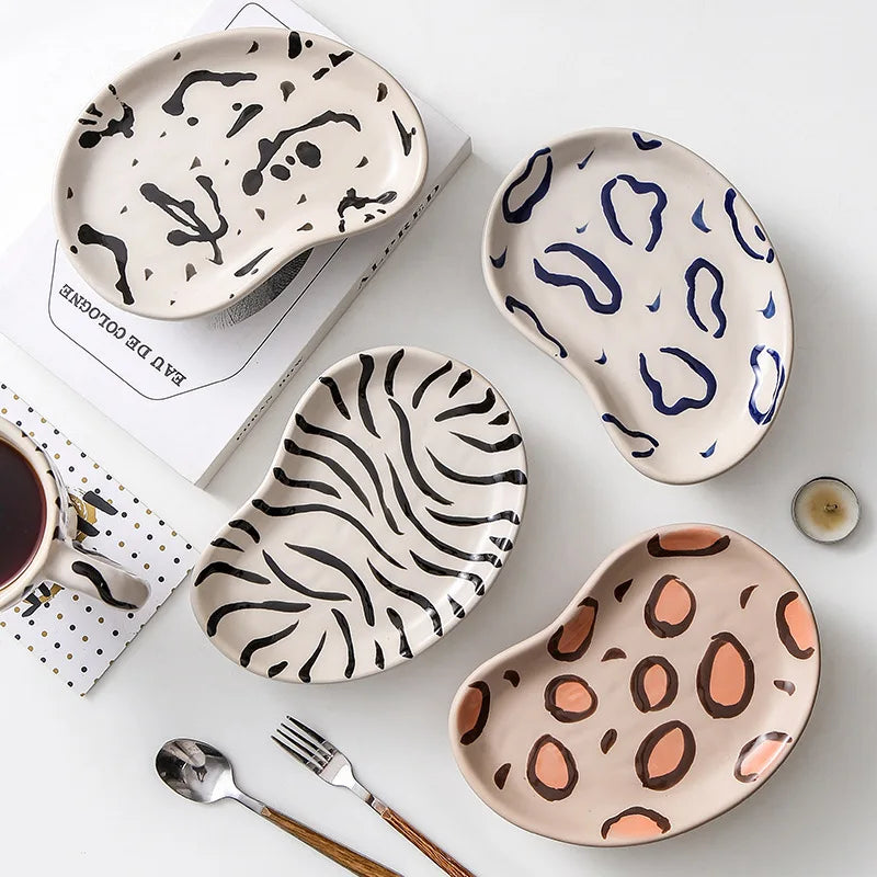 Factory Direct Sell Handmade Splash Ink Irregular Ceramic Plate Creative Hand Painted Retro Dessert Cake Plate