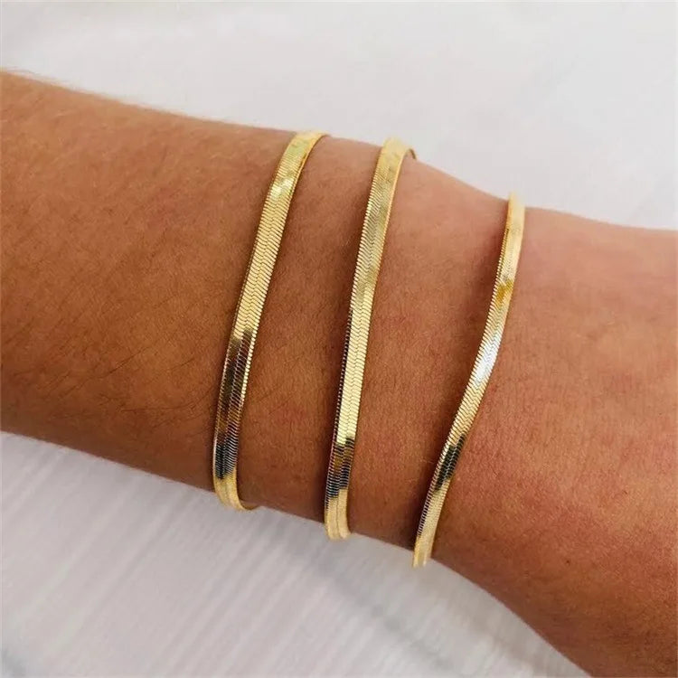 Wholesale Custom 18K Gold Plated Stainless Steel Minimalist Jewelry Bulk 3Mm 4Mm 5Mm Flat Herringbone Snake Chain