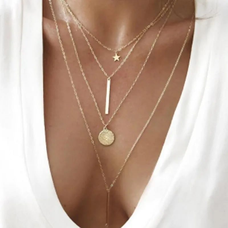 Wholesale Fashion Layered Star Necklace Geometric Personality Multi-layer Necklace 4 Layers