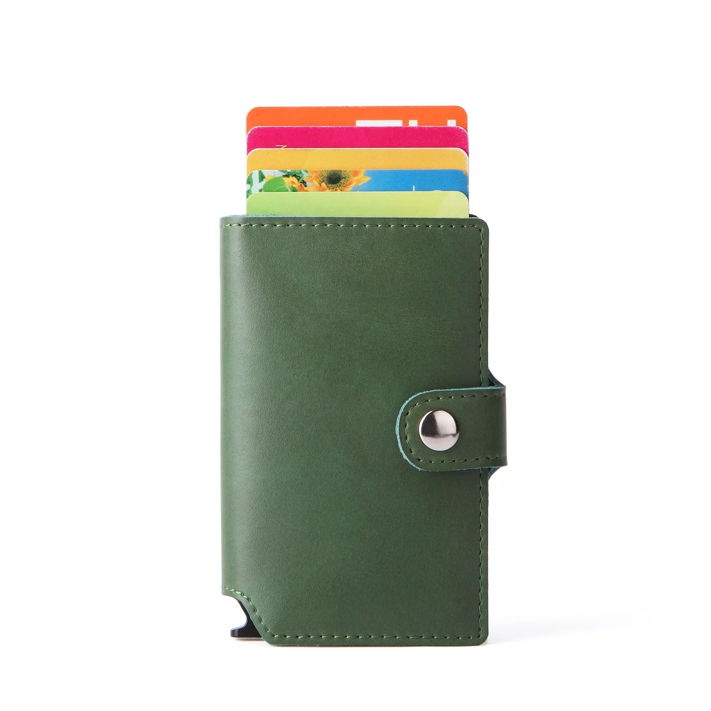 Custom Green Genuine Leather Automatic Pop-Up Aluminum Multipurpose Card Holder Wallet Factory Price
