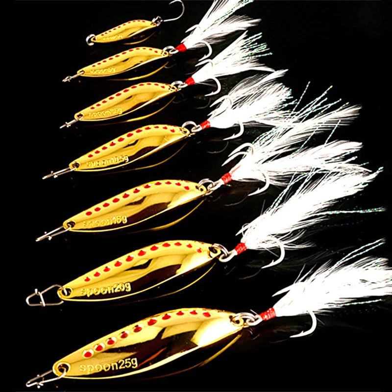 7.5/10/15/20/25g Gold Silver Metal VIB Lures Feather Blood Slot Hook Spoon Lure Fishing Bait Bass Artificial Leaf Hard Bait