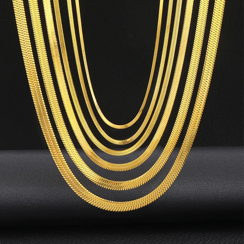 18K Gold Plated Herringbone Snake Flat Chain Necklace Minimalist Stainless Steel Blade necklace Waterproof chain necklace