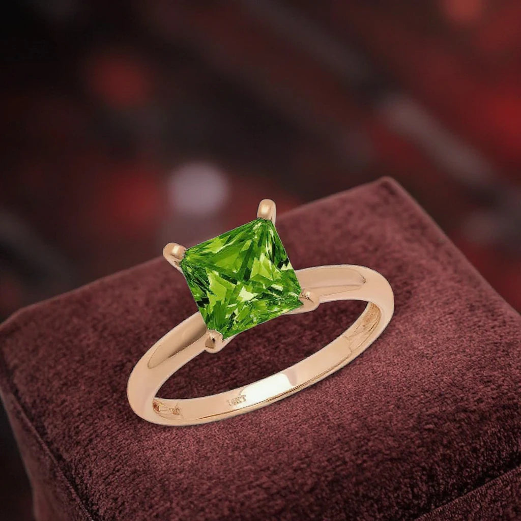 2 Carat Brilliant Natural Vivid Green Princess Cut Engagement Bridal Rings 14K Gold Solid Peridot Trendy Wedding Gemstone Rings