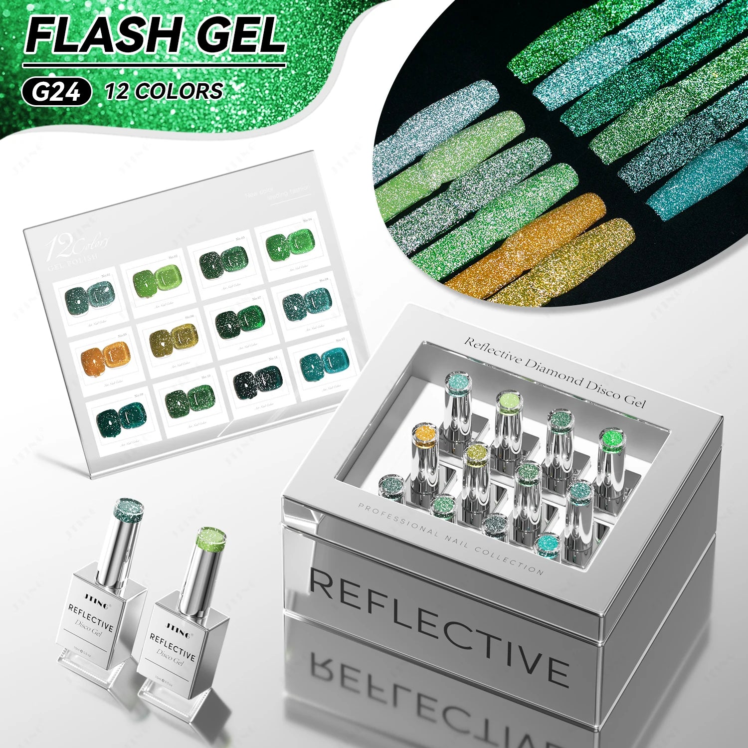 JTING Best Hot Selling Reflective Disco Gel Polish 12colors Collection Laser Silver Set Box 15ml Glitter Disco Gel Nail Polish