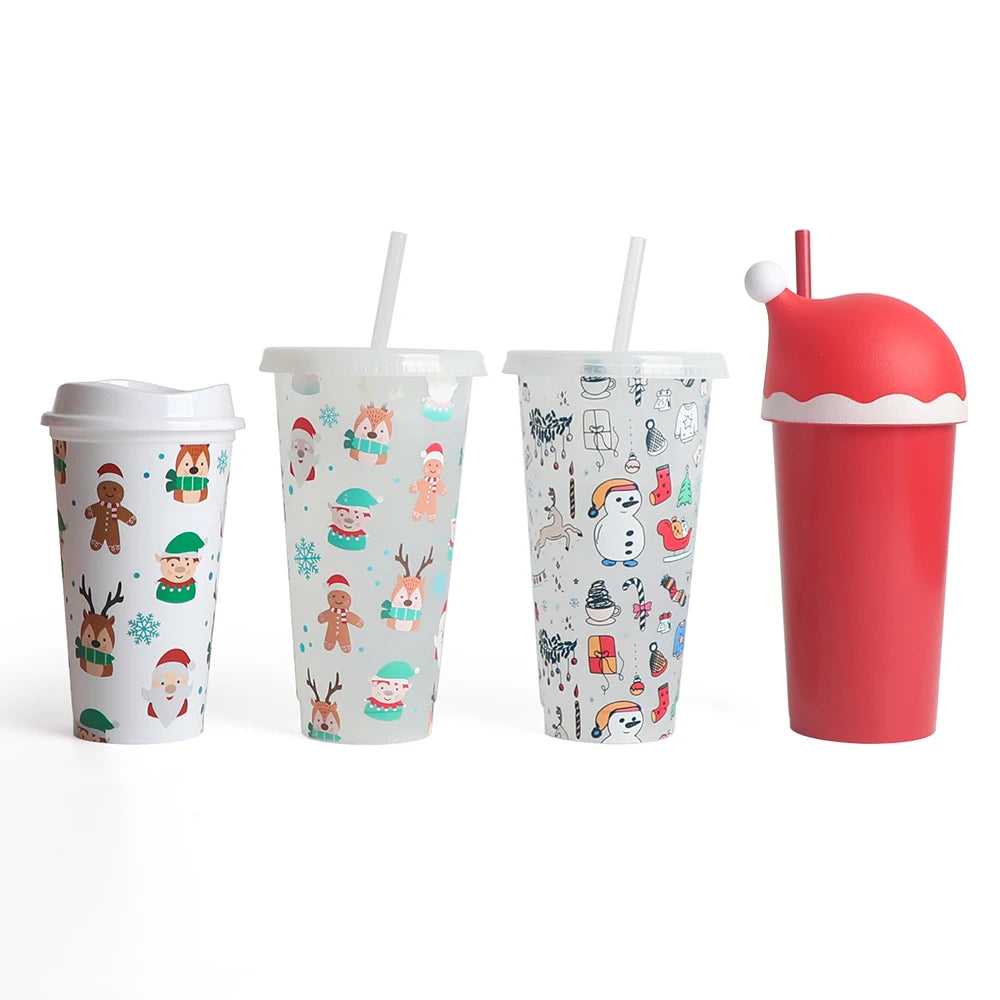 24oz Colour Changing Plastic Tumbler Cold Coffee Kawaii Christmas Cups with Lid amd Straw