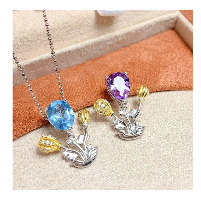Good Price 925 Sterling Silver Natural Amethyst and Topaz Custom Luxury Fashion Women Charms Pendant Necklace