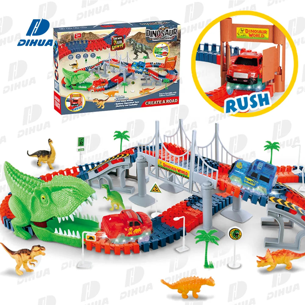 185PCS Dinosaur Adventure Track Car Toys Flexible Track Play Set with Obstacles DIY Create a Road Dinosaur World Road Race Car