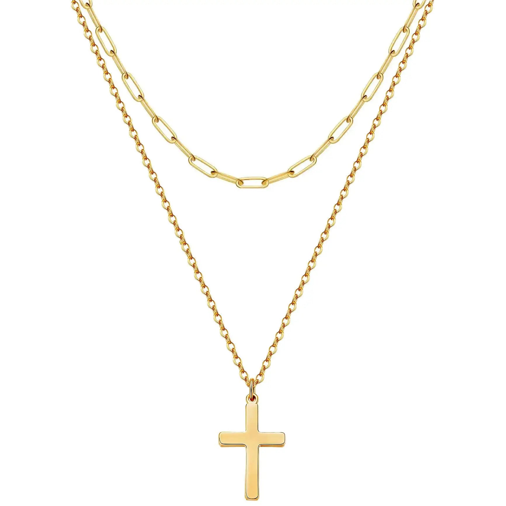 2pcs Boho Multilayer Stainless Steel Cross Pendant Necklace for Women  Men Paperclip Link Chain Choker Necklace Jewelry Gift