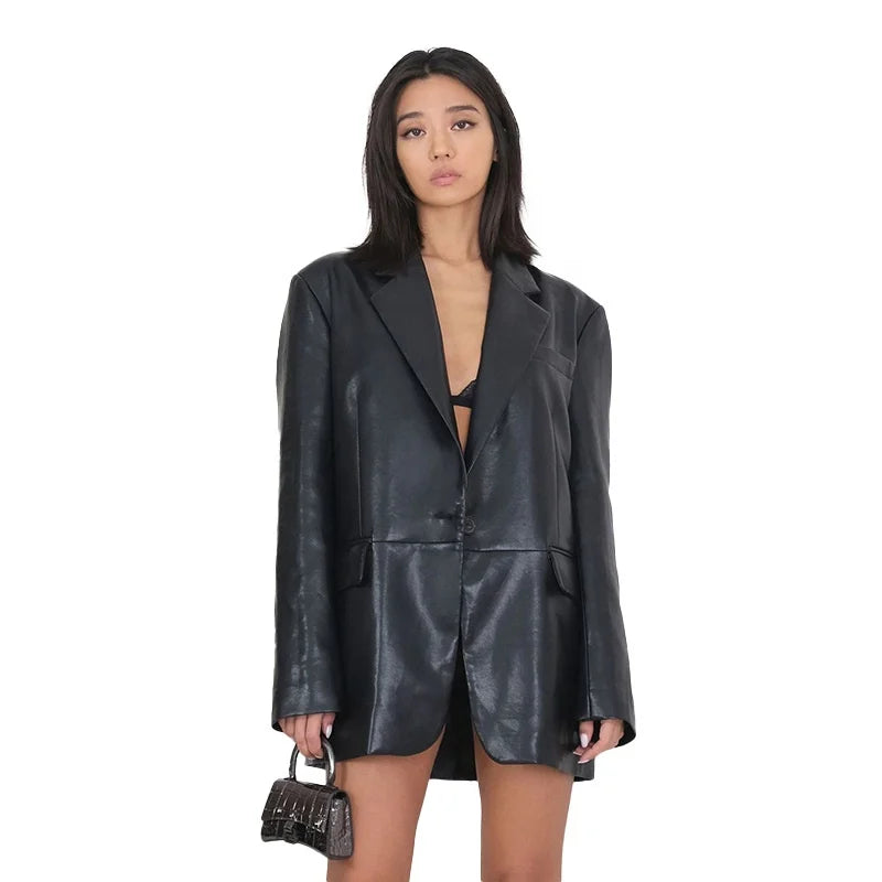 Hot Sale Fashion Trendy Mid Length Vintage Women Leather Jacket Oversize Leather Blazer