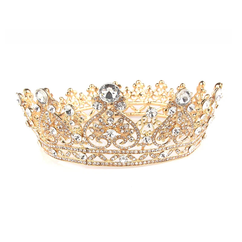 Queen Crown Tiara Headband Full Round Crystal Gold Rhinestone Bridal Hair Jewelry for Prom Wedding & Graduation for Ramadan