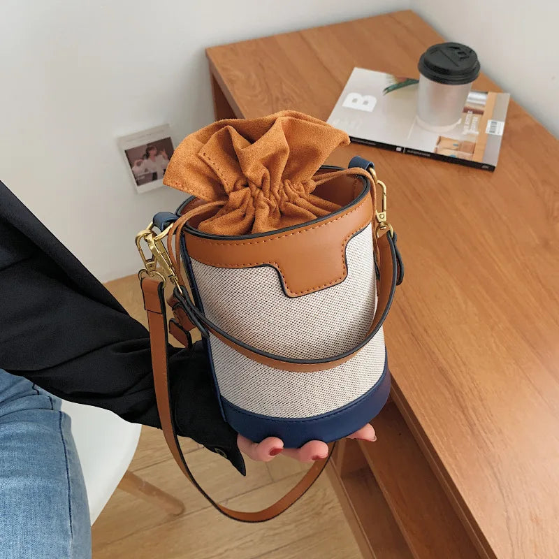 Women 2026 New Korean Portable Cylindrical Shoulder Bag Retro Contrast Messenger Bucket Bag