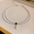 European American Retro Style Double Layer Stacked Emerald Square Diamond Imitation Pearl Necklace for Women Elegant Alloy