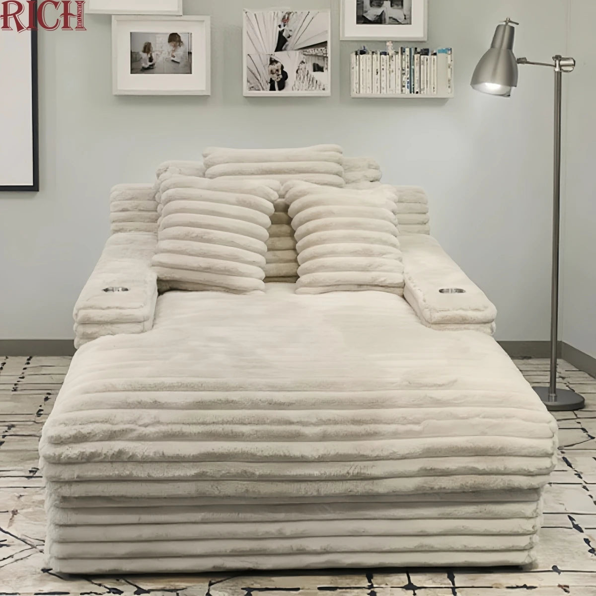 Corduroy Upholstered Chaise Lounge Sofa Bed Indoor with Throw Pillows and Armrests Plush Chair Bed for Living Room Sleeper Chair