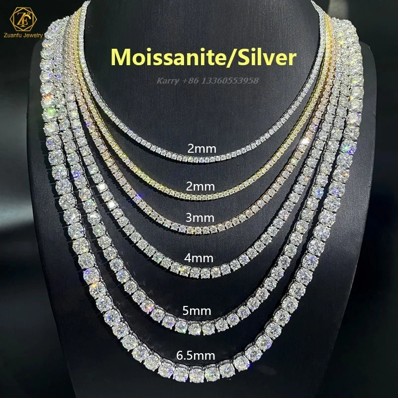 Hot Sale 925 Sterling Silver Tennis Chain VVS Moissanite Diamond 2mm-6.5mm Hip Hop Style Necklace Bracelet Jewelry Gifts