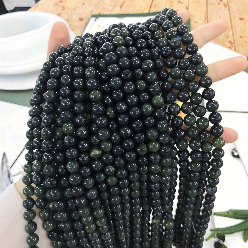 Wholesale Fashion Jewelry Making Beads Natural Polish Black Green Nephrite Jade Gemstone Loose Beads 15.5"
