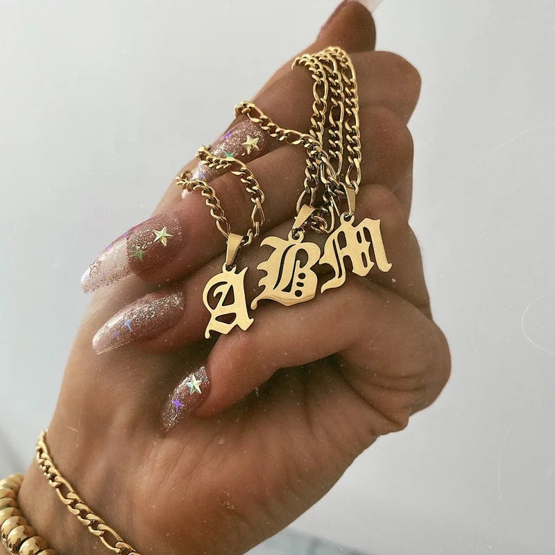 Vintage English Initial Letter Gold Plated Stainless Steel Pendant Cuban 3:1 NK Chain Choker Necklace Design Non Tarnish Jewelry