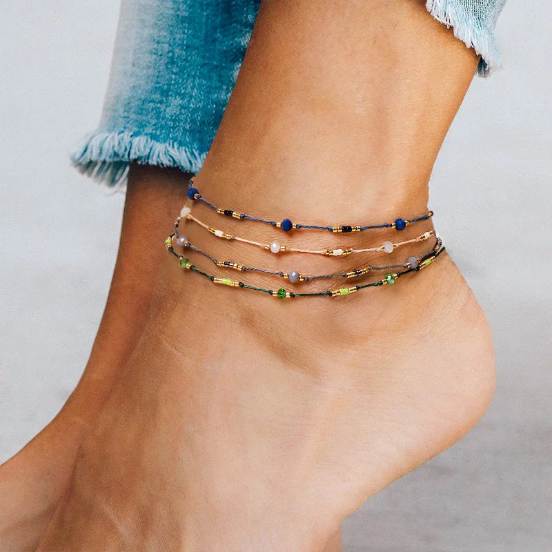 Handmade Glass Seed Beads Beaded Boho Style Cord Adjustable Anklet Foot Ankle Bracelet Jewelry for Women