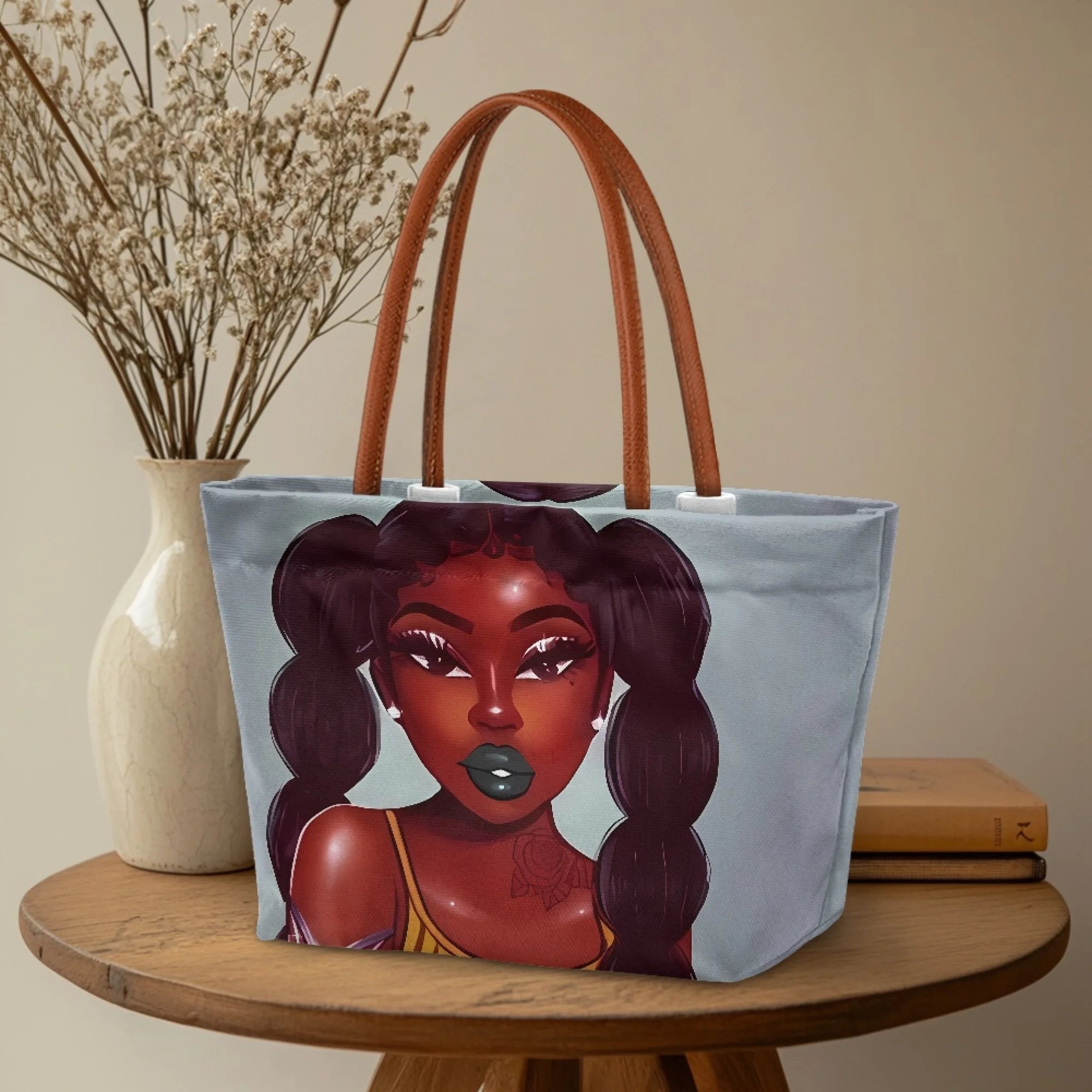 Custom Large Nylon Tote Bag for Women with African Girl Print Soft Button Closure Foldable and Pretty for Women Work or Travel