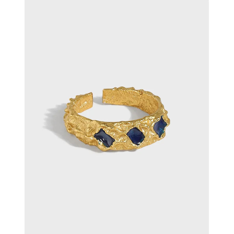 18K Gold Plated Blue Cubic Zirconia Ring Wedding S925 Sterling Silver Irregular Texture Blue Zircon Adjustable Ring for Women