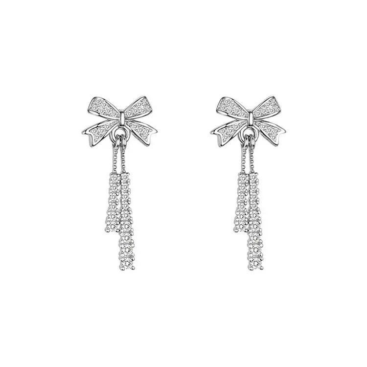 Rainbowking 925 Sterling Silver Earrings Senior Sense of Light Luxury Zirconia Earrings Long Full Diamond Bow Earrings