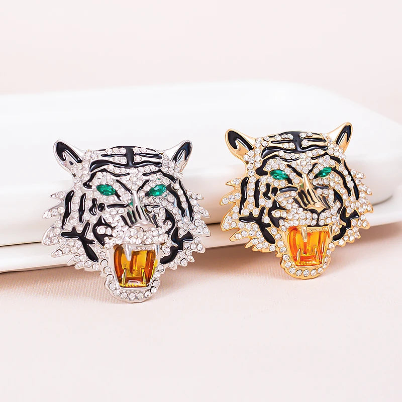 Trendy Gold Plated Animal Tiger Brooch Lapel Pin Rhinestone Crystal Tiger Head Brooch for Men Coat
