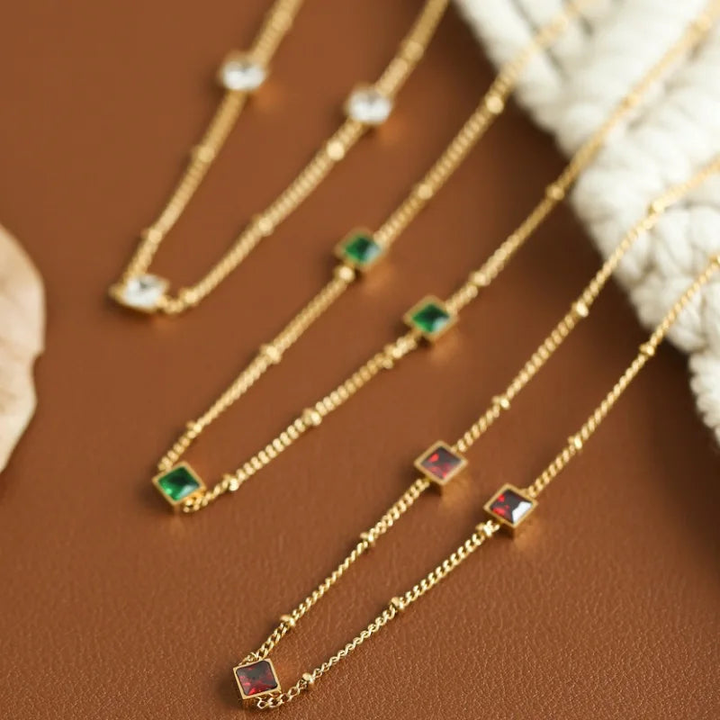Wholesale Titanium Steel Colorful Zircon Link Chain Geometric 14k Gold Plated Necklace for Women