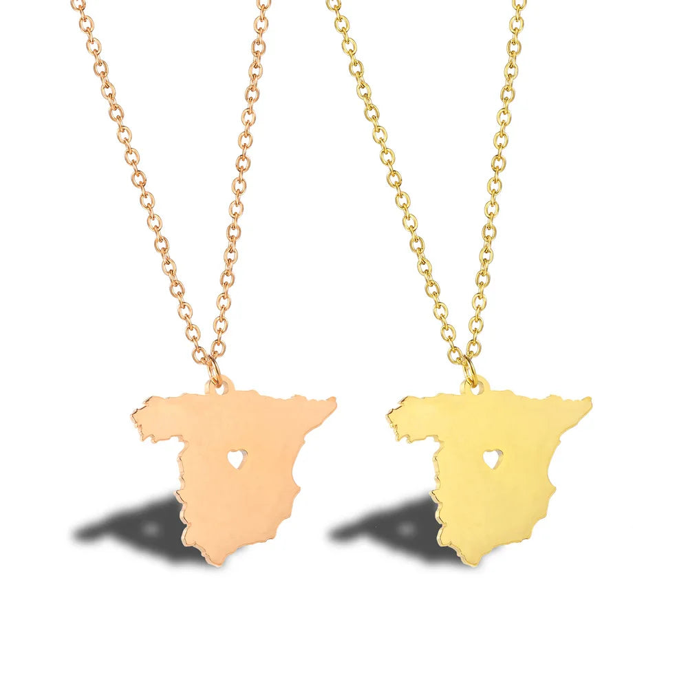 Manufacturer Stainless Steel Spain Map Chain Choker Necklace Silver 18K Gold Rose Plated Spain Map Pendant Chain Necklace