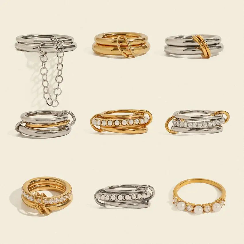 Hot Selling Trendy Style 18K Gold Plated Pearl Zircon Flower Ring Adjustable Stainless Steel Jewelry for Wedding Engagement Gift
