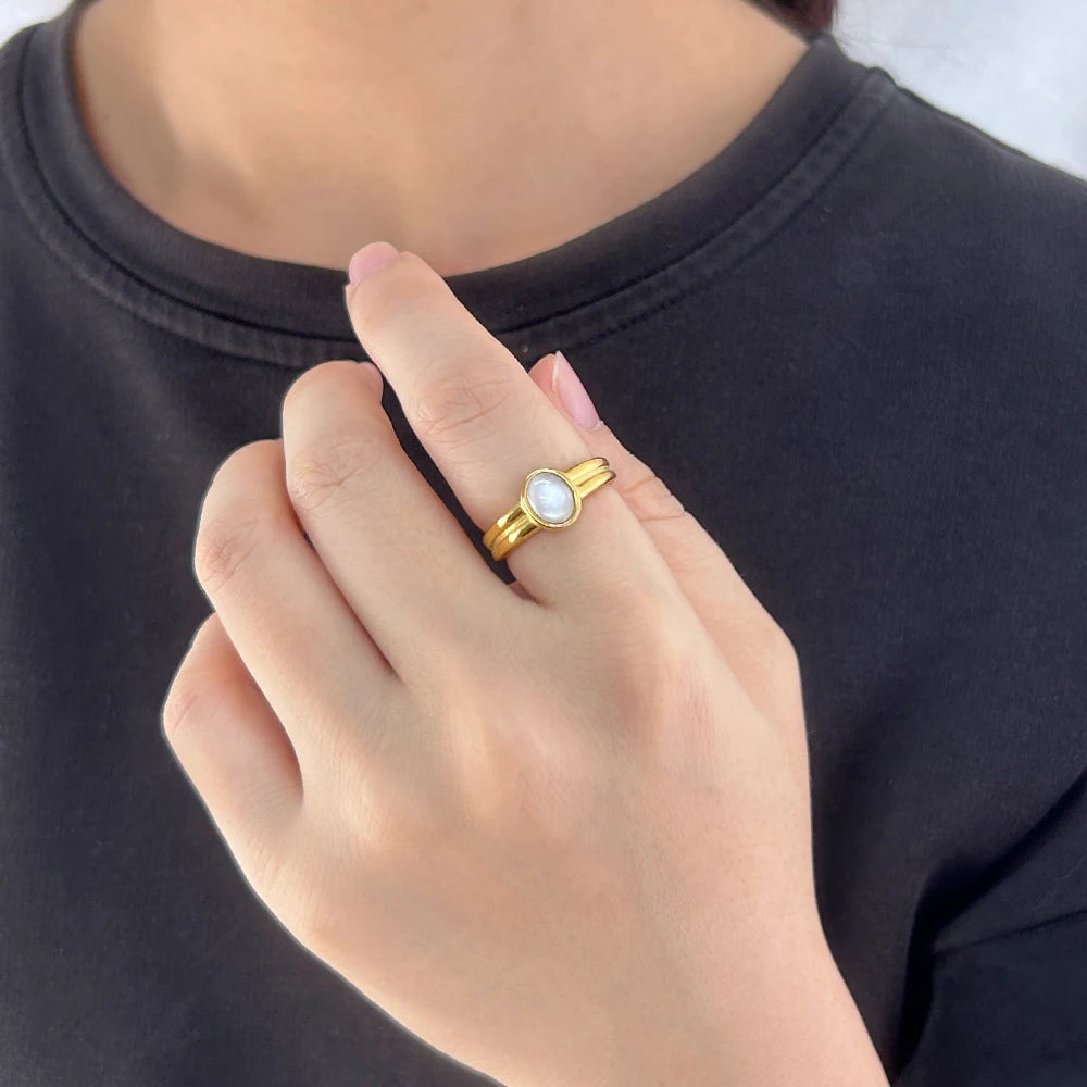 Bling Cubic Opal Inlaid 304L Stainless Steel Ring Elegant Women's Gold Color PVD Plated Jewelry Wedding Gift