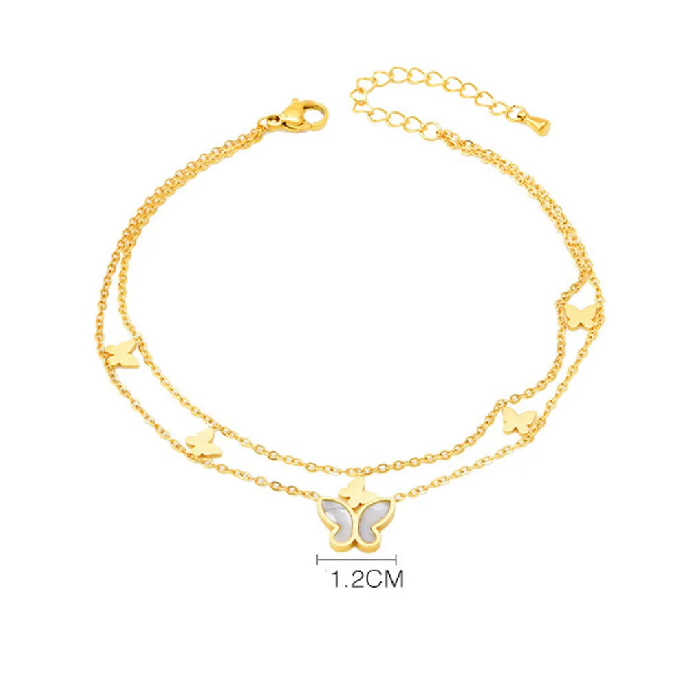 Fashion Trendy Chic Stainless Steel Double Layers butterfly Charm Anklet Jewelry Foot Ankle Bracelet Layered for Women