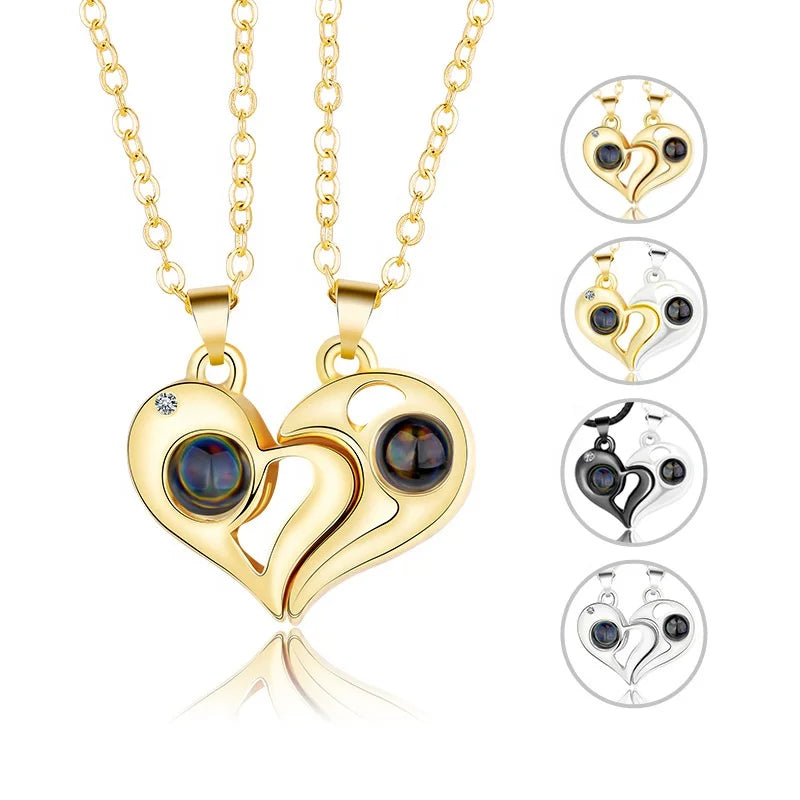 SC Hot Creative 100 Languages Gold Plated Necklace Valentine's Day Gift Couple Necklace Magnetic Matching Chain Heart Necklace