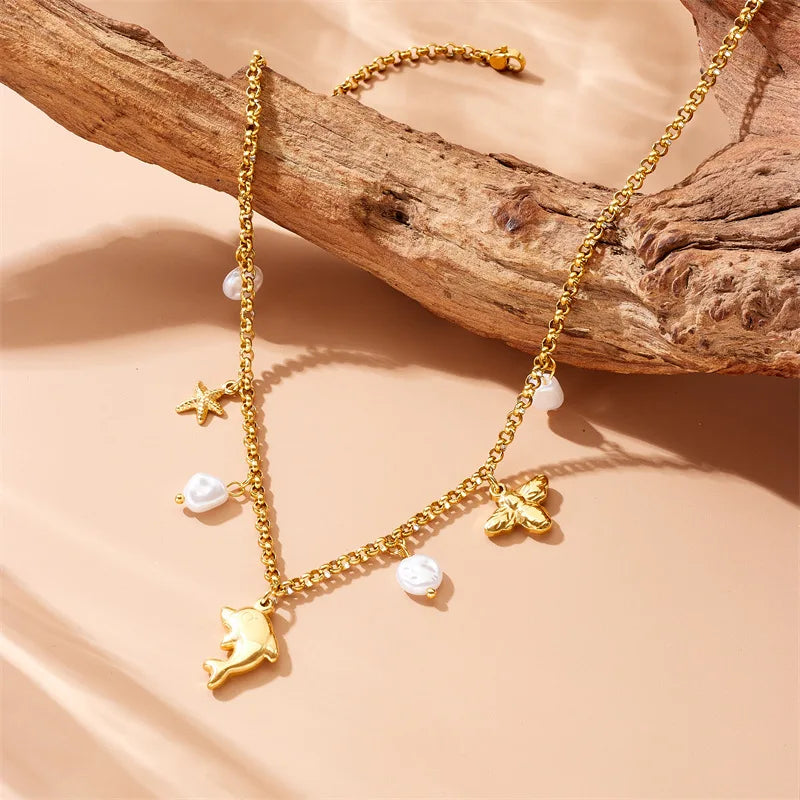 Fine Jewelry Stainless Steel Gold Plated Starfish Freshwater Pearls With Dolphin Star Charm Necklace
