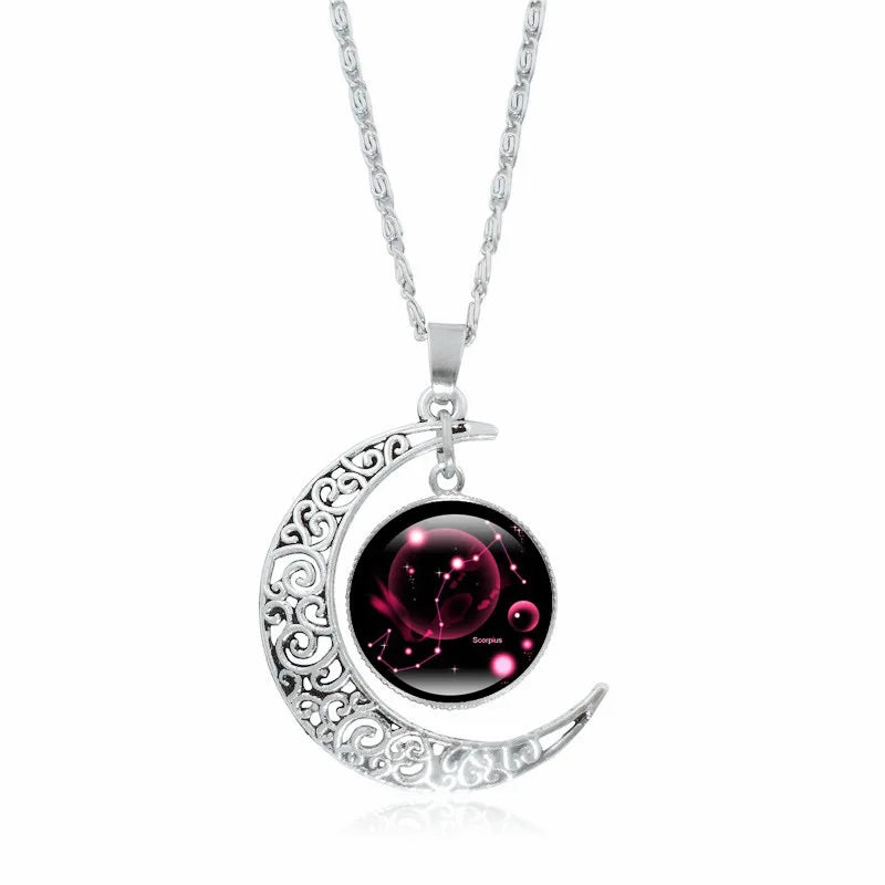 Horoscope Zodiac 12 Astrology Galaxy & Crescent Moon Glass Bead Pendant Necklaces