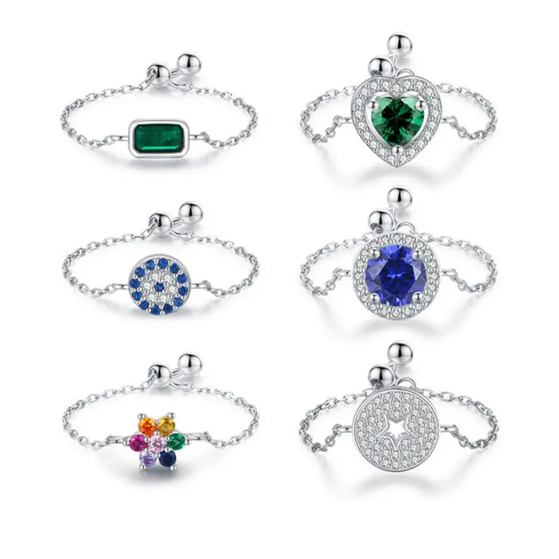 Daidan Minimalistic Chained Zircon Heart Shape Infinity Diamond Sign Evil Eye 925 Silver Adjustable Chain Ring