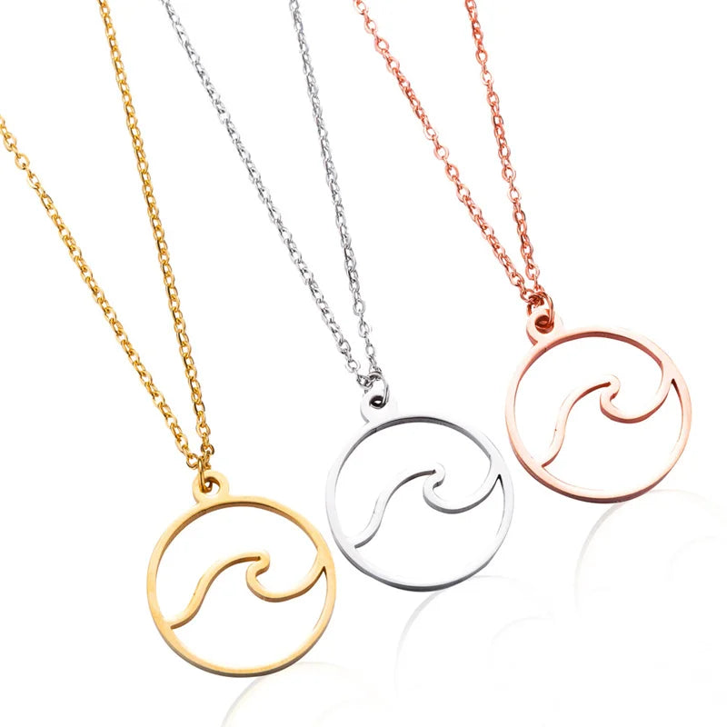 European and American Simple Wave Necklace Titanium Steel Pendant Hollow Round Wave Pendant Necklace