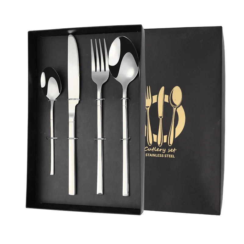 Modern Slim Handle 4pcs Stainless Steel Cutlery Set PVD Gold Black Rose Gold Flatware Set in Gift Box for Wedding Hotel