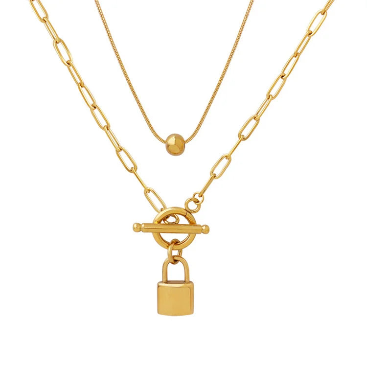 Popular Stainless Steel Lock Charm Necklace Gold Plated Bead Pendant Necklace