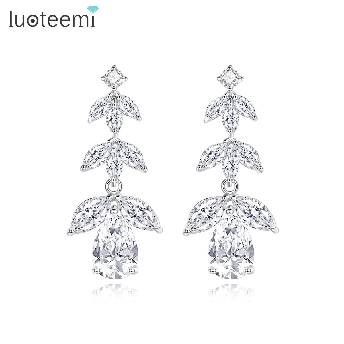 LUOTEEMI Woman Flower Earing Jewelry Wedding Zirconia Luxury Drop Large Fashion Cz Dangle Bridal Earrings