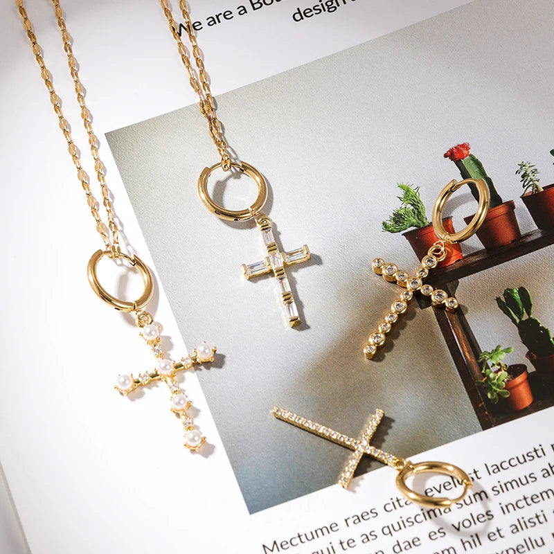 HOVANCI Tarnish Free Waterproof Gold Women 18K Rhinestone Necklace Earrings Stainless Steel Set Christian Cross Pendant Necklace