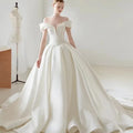 Bridal Wedding Princess Style Classic Draped Satin Wedding Dress Simple Elegant Pure Off-the-Shoulder Trailing MegaBDM