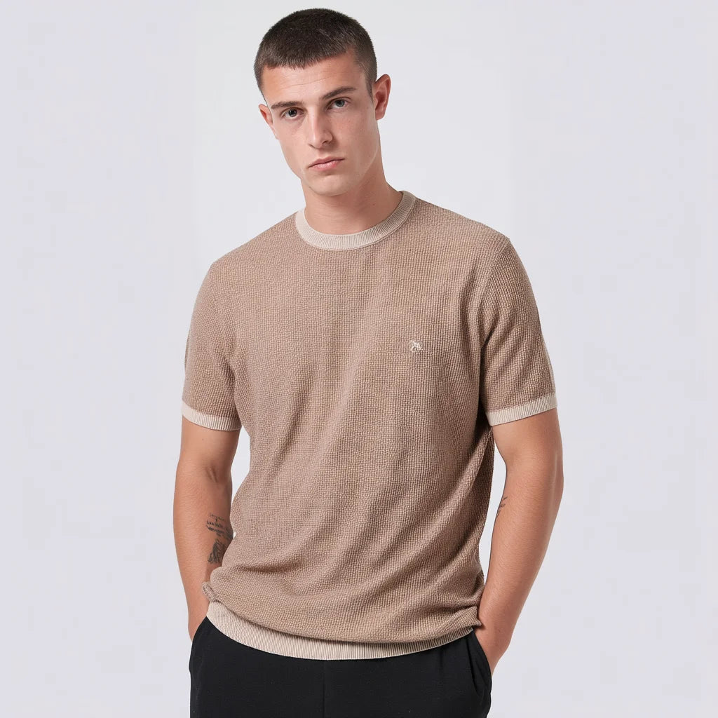 2025 New Arrival Men's Knitted T-Shirt 92% Cotton 6% Nylon Textured Short Sleeve Pullover Sweater