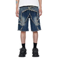 Customized Men Zipper Fly Loose Fit 100%Cotton Vintage Denim Shorts Heavy Craft Starry Fringe Hem Baggy Denim Jorts With Panels