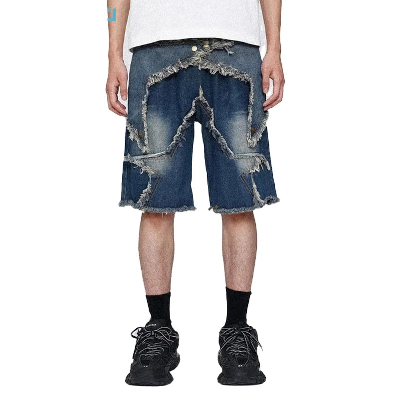 Customized Men Zipper Fly Loose Fit 100%Cotton Vintage Denim Shorts Heavy Craft Starry Fringe Hem Baggy Denim Jorts With Panels
