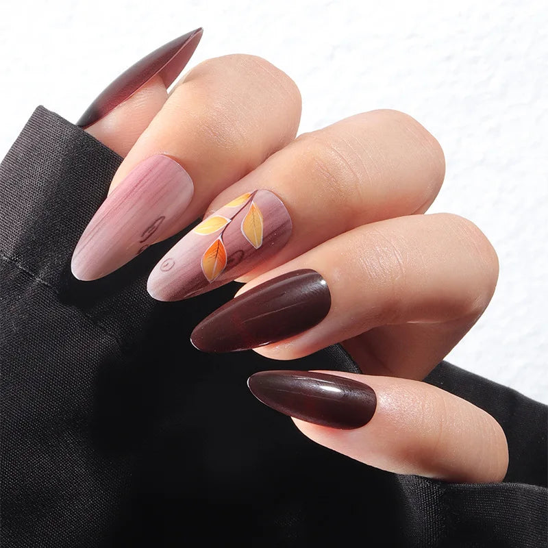 Wholesale Temooi 24Pcs ABS Elegant Almond French Design Press on Nails with Nail Glue Elegant Leaves Printing Elegant Packaging