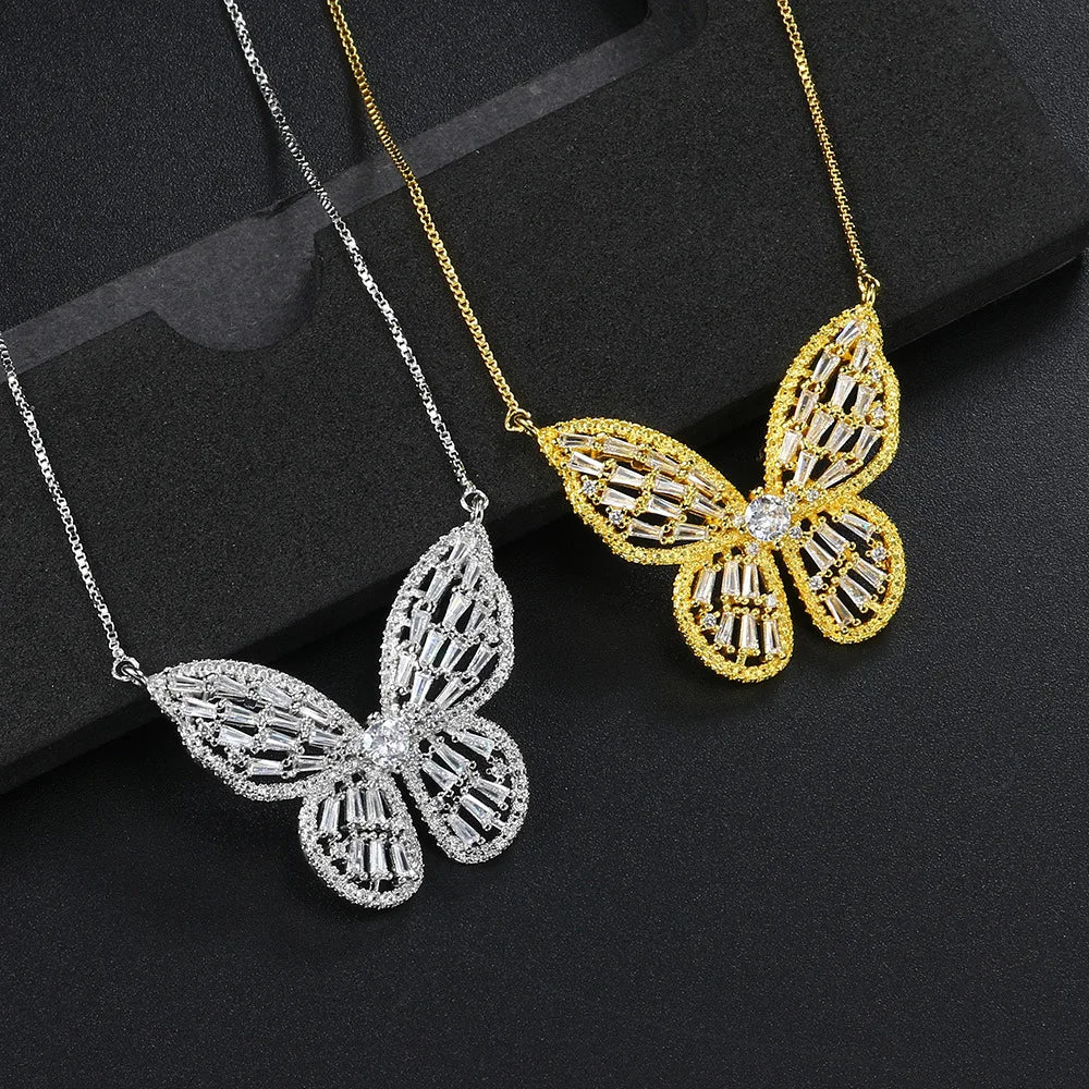 Hip Hop Gold Plated Butterfly Necklace Women Iced Out Cubic Zirconia CZ Butterfly Pendant Necklace for Gift