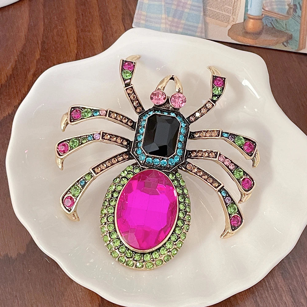 Vintage Jewelry Big Crystal Insect Spider Shape Brooch Women Statement Colorful Rhinestone Spider Brooch