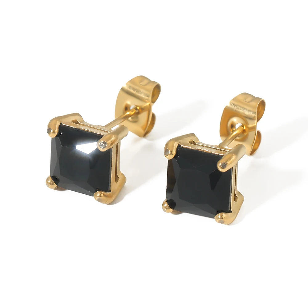 Trendy Geometric Non-Tarnish Stainless Steel 18K Gold Plated Square Black CZ Cubic Zircon Stud Earrings Unisex