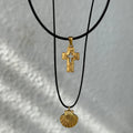 Dazan Autumn Winter New 18k Pvd Gold Plated Stainless Steel Boho Street Style Shell Cross Black Leather Rope Necklace Women Men