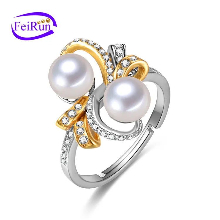 FEIRUN 6mm Button Beautiful 925 Silver Fancy Freshwater Pearl Rings for Women MegaBDM